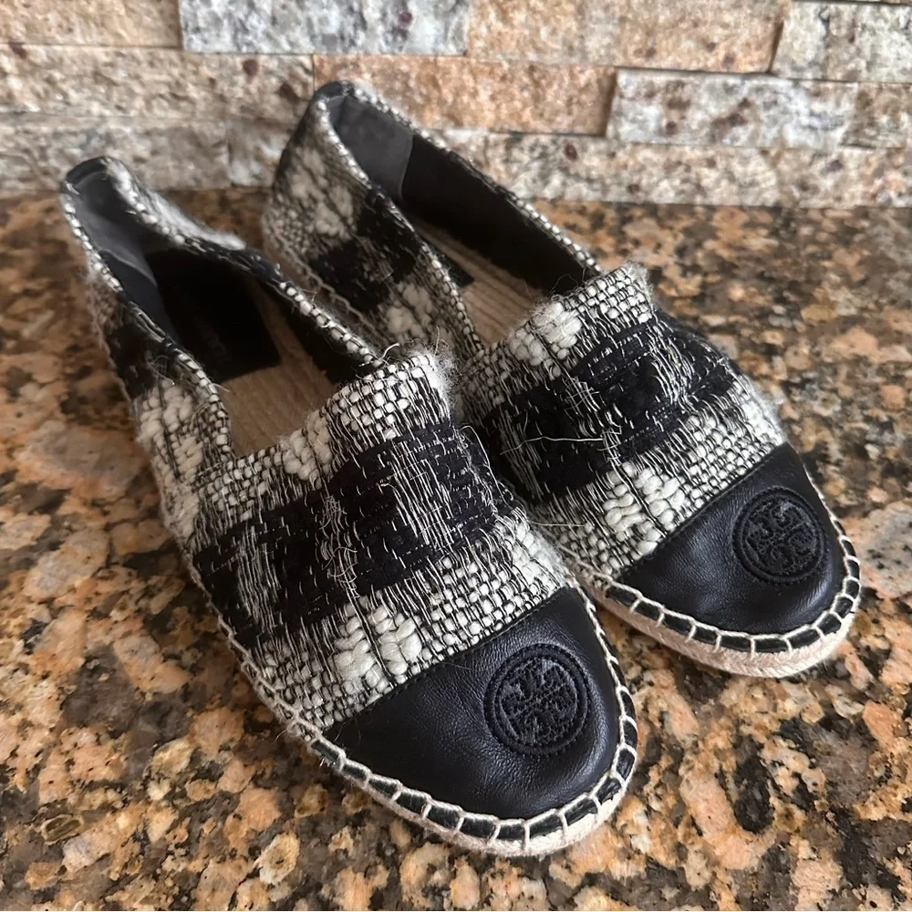 Tory Burch Wool Color Block Flat Espadrille White/Black- leather